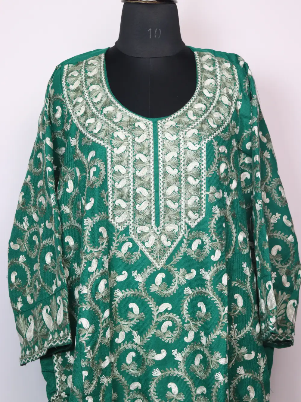 Green 3pc Pheran Set in Cashmilon Wool with Badam All-over Aari Work Nazneen - Image 2