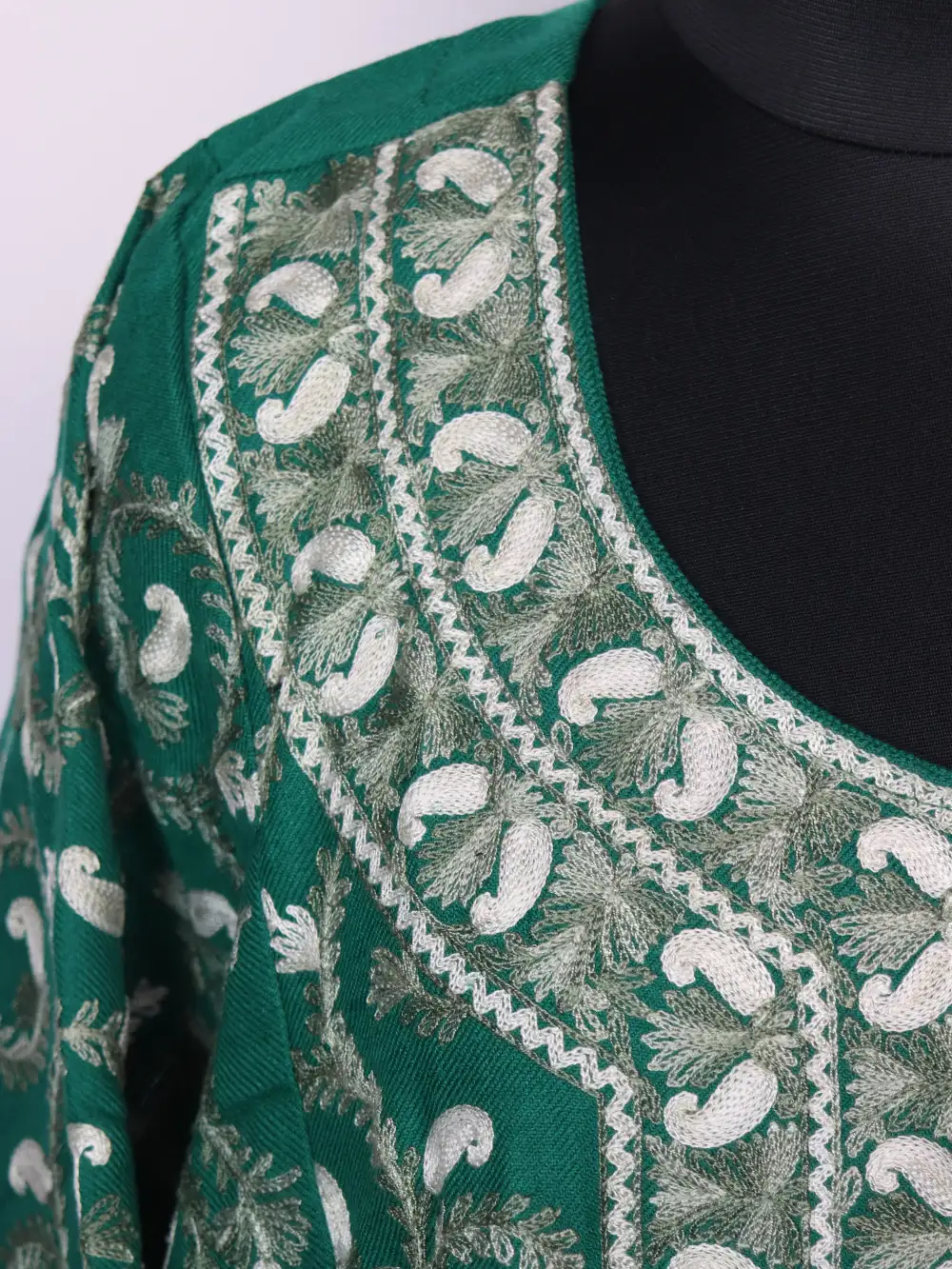 Green 3pc Pheran Set in Cashmilon Wool with Badam All-over Aari Work Nazneen - Image 3