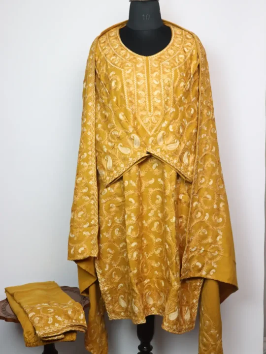 Farah Mustard 3pc Pheran Set in Cashmilon Wool with Badam All-over Aari Work