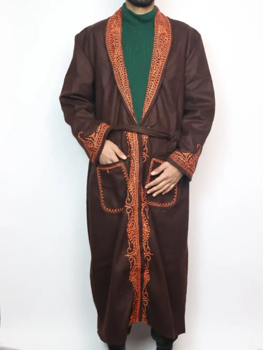 Kashmiri Dark Brown Aaina Blazer Tweed Gown with Hand Aari Embroidery
