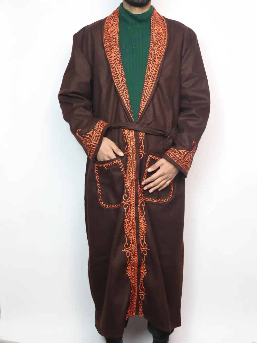 Kashmiri Dark Brown Aaina Blazer Tweed Gown with Hand Aari Embroidery