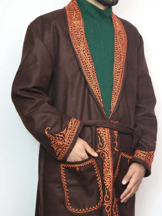 Kashmiri Dark Brown Aaina Blazer Tweed Gown with Hand Aari Embroidery - Image 2