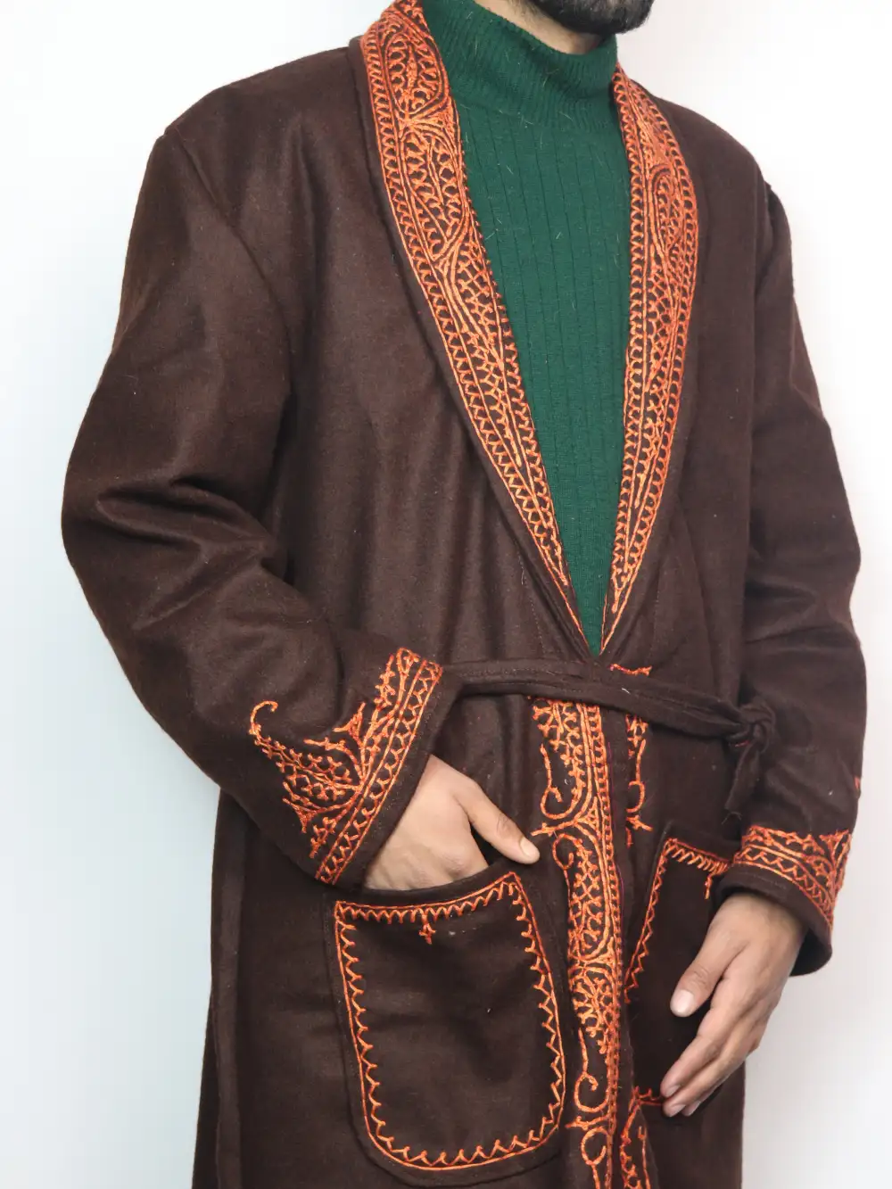 Kashmiri Dark Brown Aaina Blazer Tweed Gown with Hand Aari Embroidery - Image 2