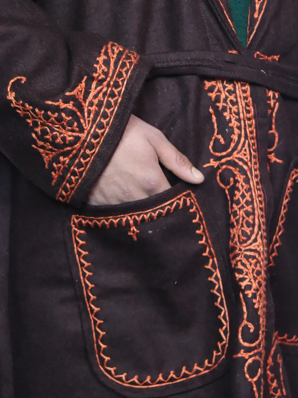 Kashmiri Dark Brown Aaina Blazer Tweed Gown with Hand Aari Embroidery - Image 3