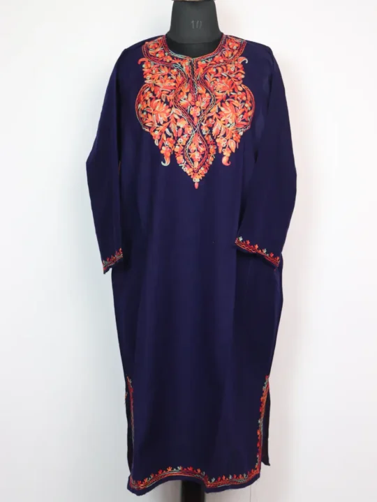 Woolen Dark Blue Pheran Taha with Aari Embroidery in Cashmilon