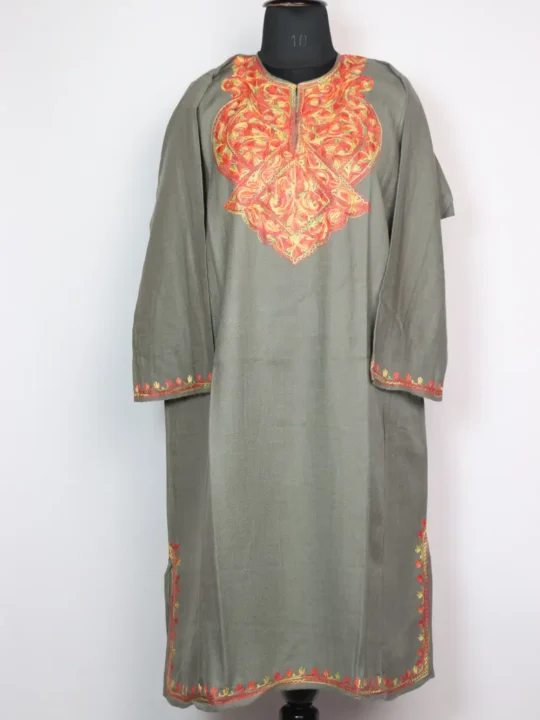 Embroidred Grey Pheran Haya in Cashmilon Wool with Aari
