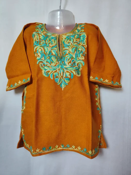 Shafaq Mustard Cashmilon Wool Pheran with Aari Work (2-3 years)