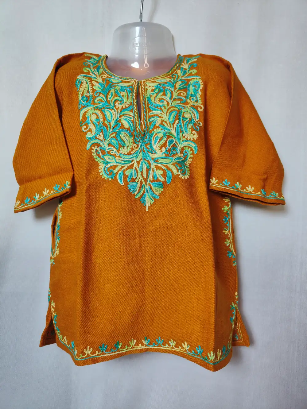 Shafaq Mustard Cashmilon Wool Pheran with Aari Work (2-3 years)