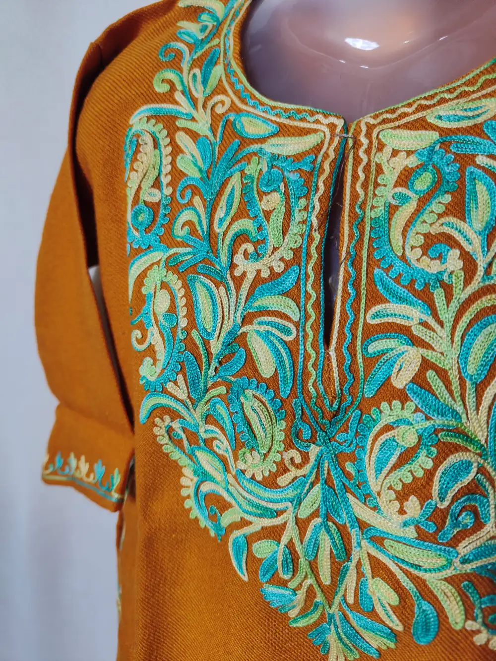 Shafaq Mustard Cashmilon Wool Pheran with Aari Work (2-3 years) - Image 2