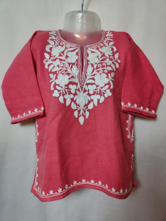 Cashmilon Wool Kids Horiyan Pink Pheran with Aari Work