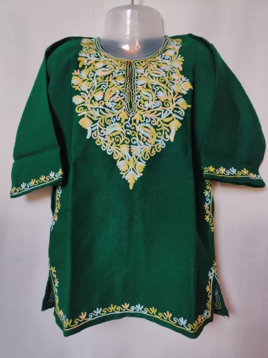 Dark Green Zavira Cashmilon Wool Pheran with Aari Work for Little Girls