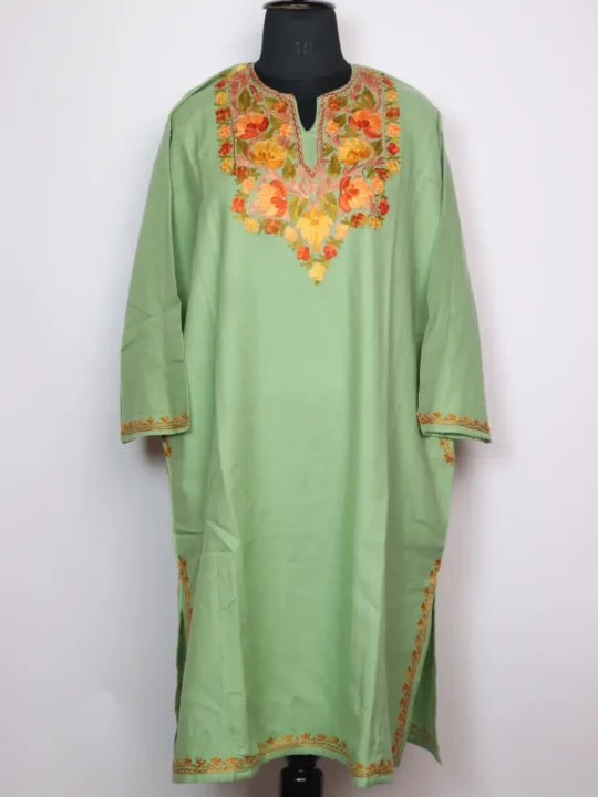 Pastel Green Pheran Polo view in Cashmilon Wool  Aari Work