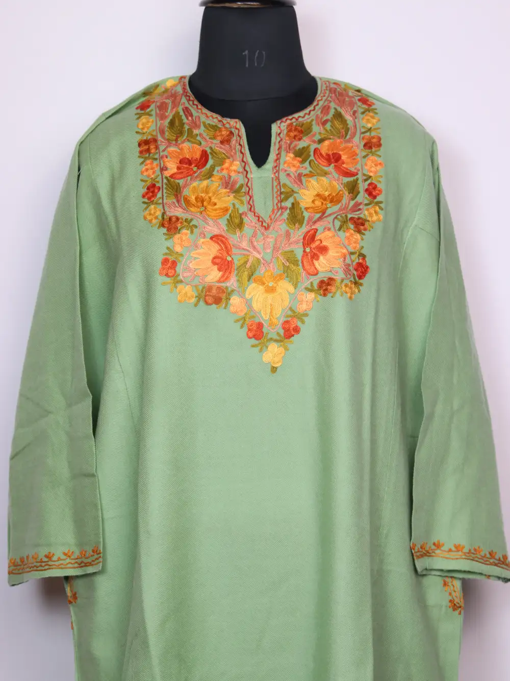 Pastel Green Pheran Polo view in Cashmilon Wool Aari Work - Image 2