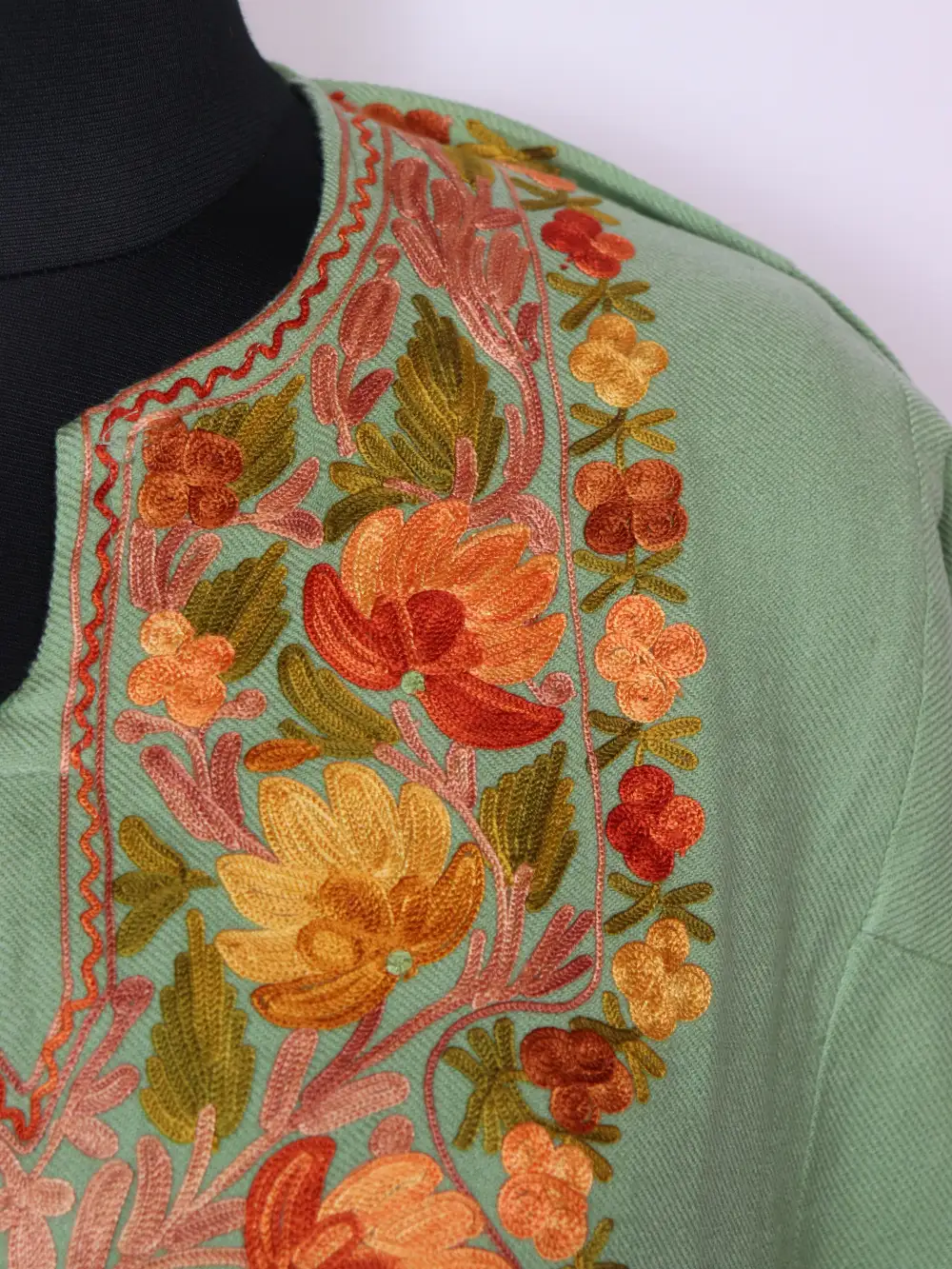 Pastel Green Pheran Polo view in Cashmilon Wool Aari Work - Image 3