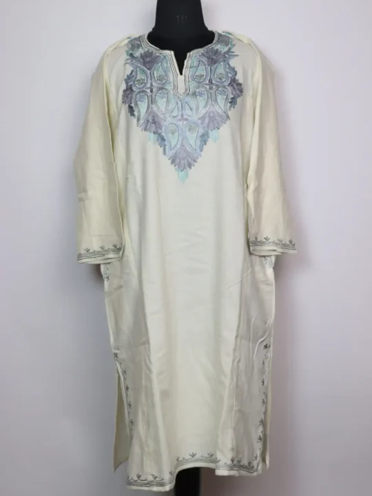 White Embroidered Pheran with Aari in Cashmilon Wool Polo view