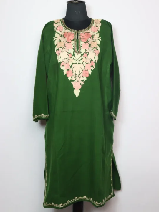 Forest Green Pheran Soura with Aari Embroidery in Cashmilon Wool