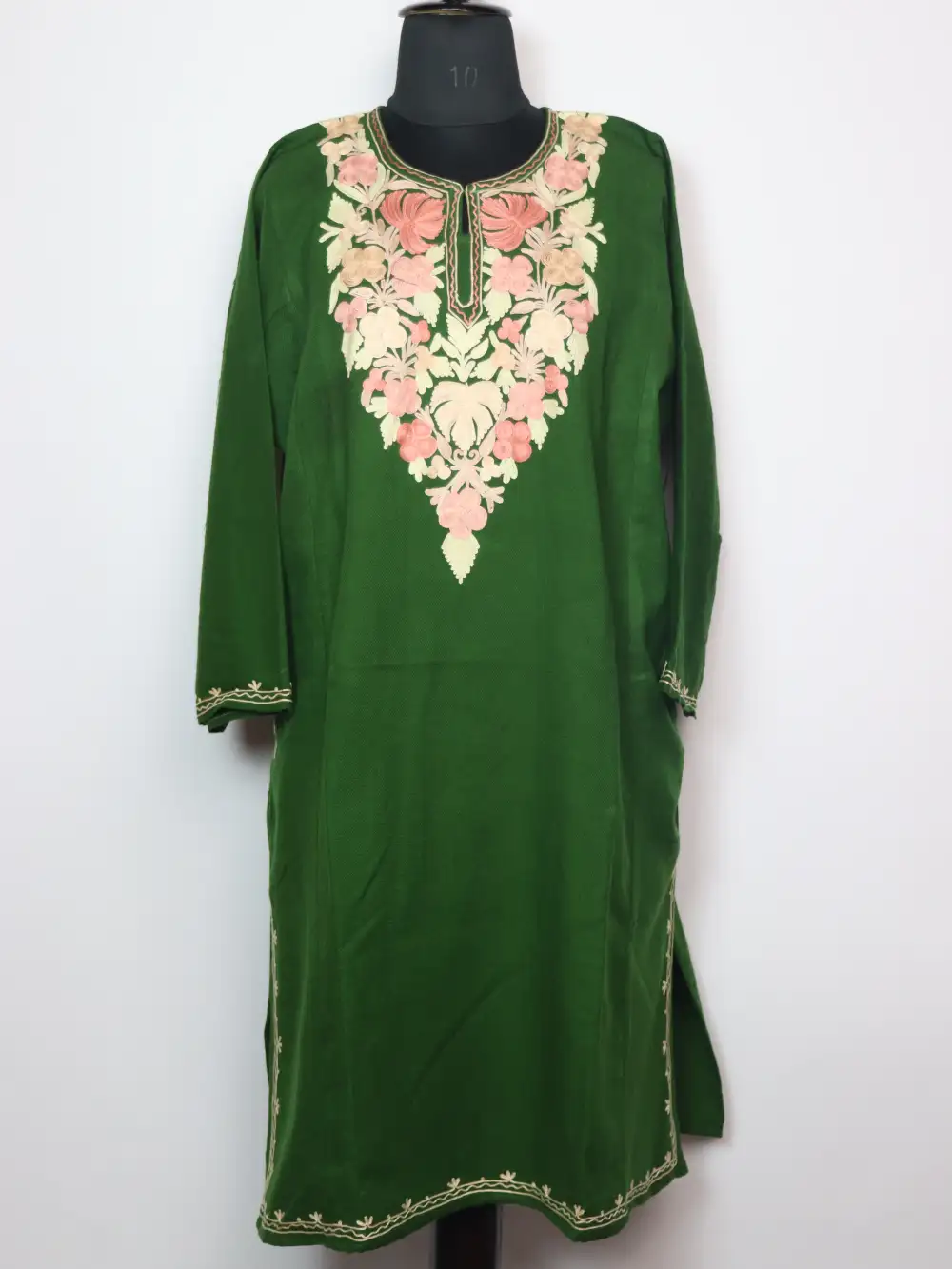 Forest Green Pheran Soura with Aari Embroidery in Cashmilon Wool