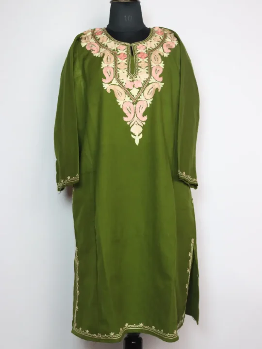 Woolen Mehandi Green Pheran with Aari Embroidery in Cashmilon Mahek
