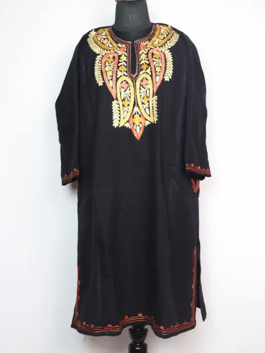 Woolen Black Pheran Nazuk in Cashmilon with Aari Work