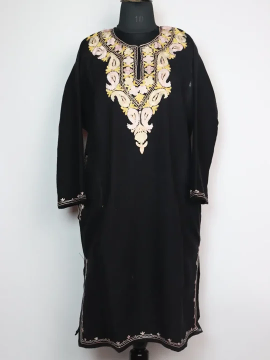 Embroidered Black Pheran Rimsha with Aari in Cashmilon Wool