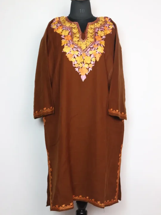 Maha Coffee Brown Pheran in Cashmilon Wool with Aari Work