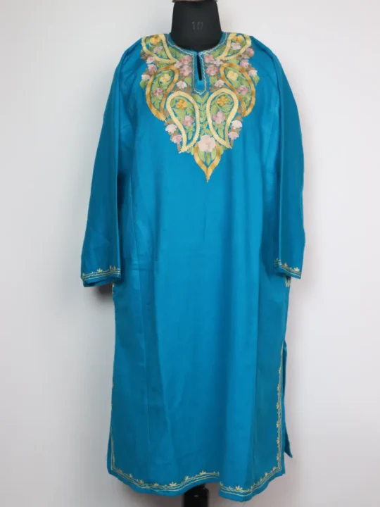 Woolen Ferozi Pheran Naima with Aari Embroidery in Cashmilon Wool