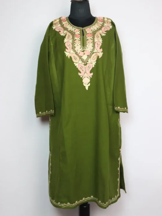 Olive Green Woolen Pheran with Aari Embroidery in Cashmilon Wool Zara