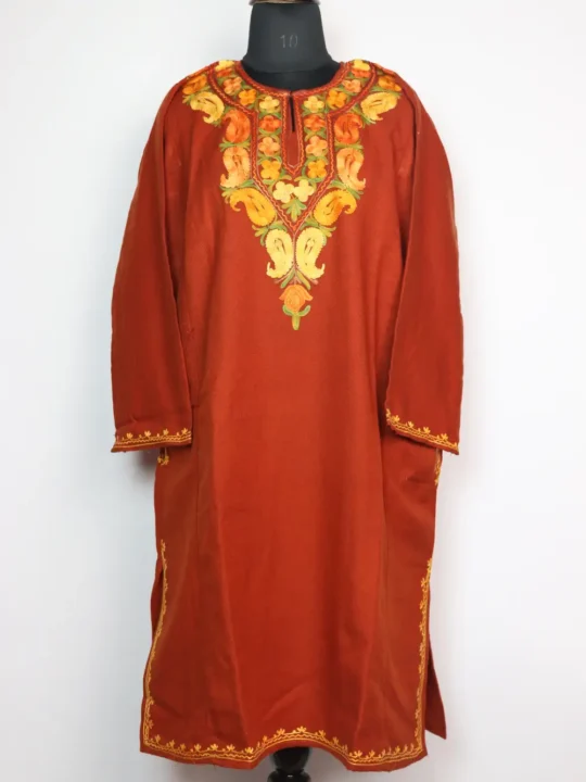 Pheran in Rust Orange Hiba with Aari Embroidery in Cashmilon Wool