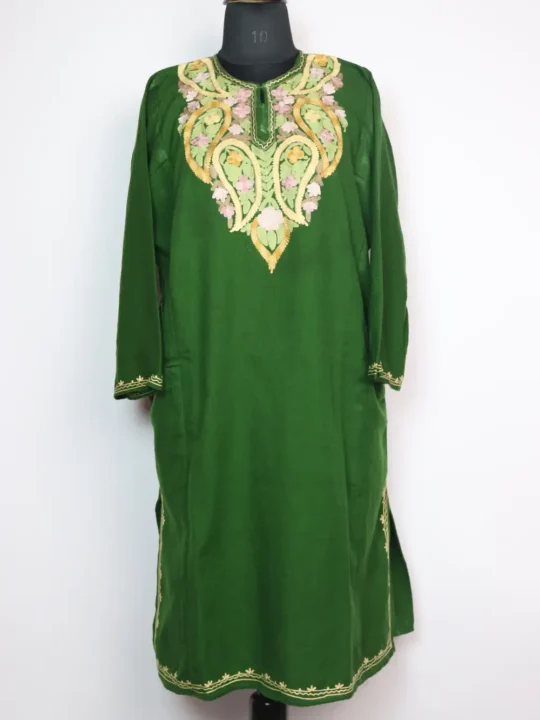 Forest Green Pheran Sultana with Aari Work in Cashmilon Wool