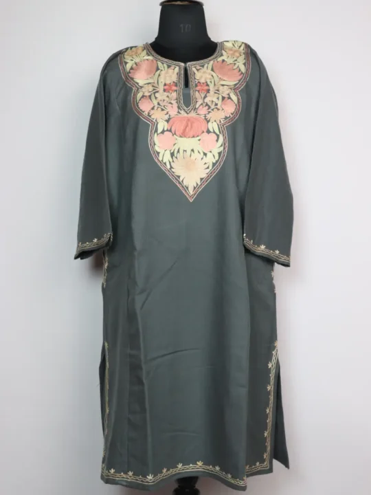 Embroidered Dark Grey Pheran with Aari in Cashmilon Wool Maya