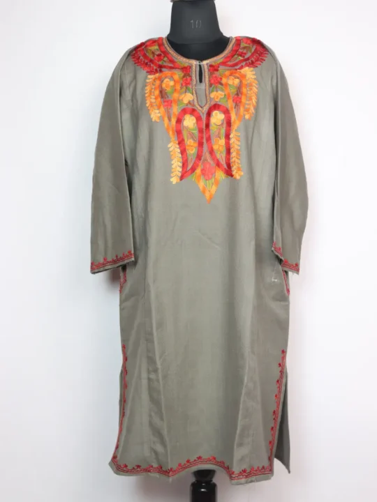 Anisah Grey Pheran  in Cashmilon Wool with Aari Embroidery