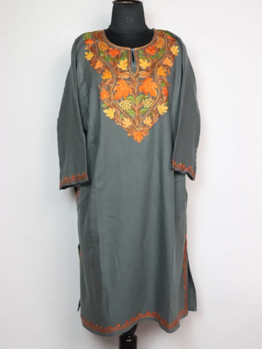 Ghazal Dark Grey Pheran with Aari Embroidery in Cashmilon Wool