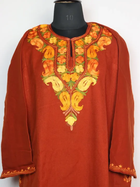 Rustic Copper Pheran with Aari Embroidery in Cashmilon Wool Bahar