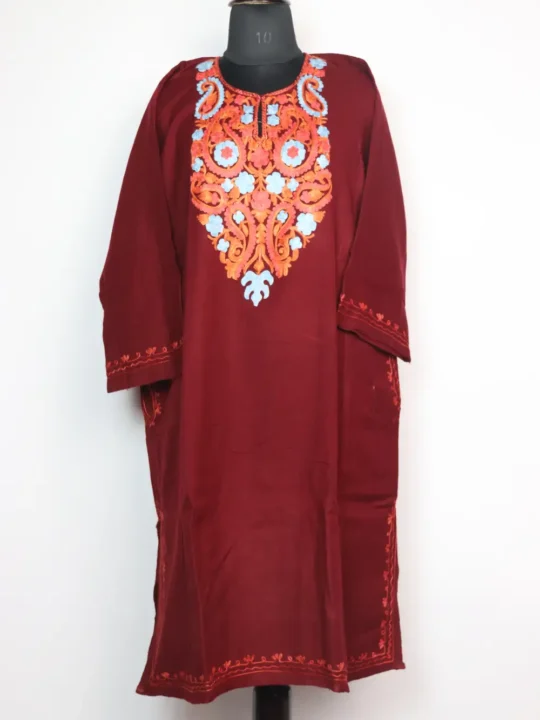 Maroon Nelofur Pheran with Aari Work in Cashmilon Wool