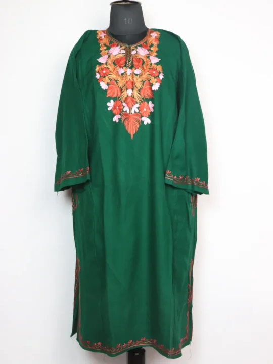 Woolen Dark Green Pheran with Aari Embroidery in Cashmilon Rabia