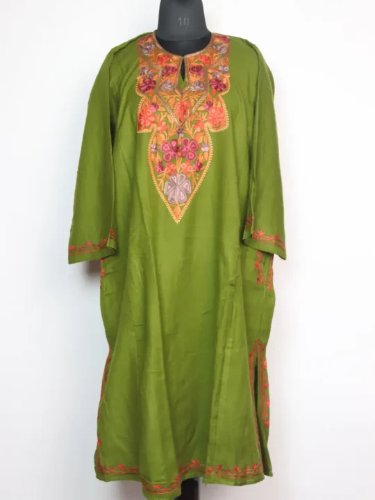 Olive Green Woolen Pheran Samara with Aari Embroidery in Cashmilon