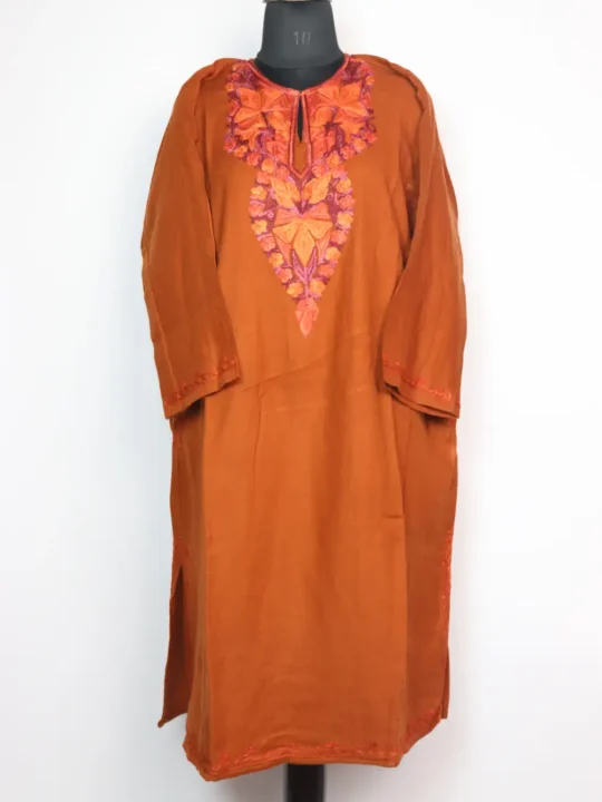 Woolen Rust Copper Pheran with Aari Embroidery in Cashmilon Shayla
