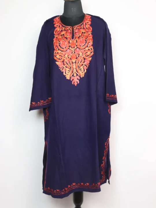 Embroidered Dark Blue Pheran Yasmin with Aari in Cashmilon Wool
