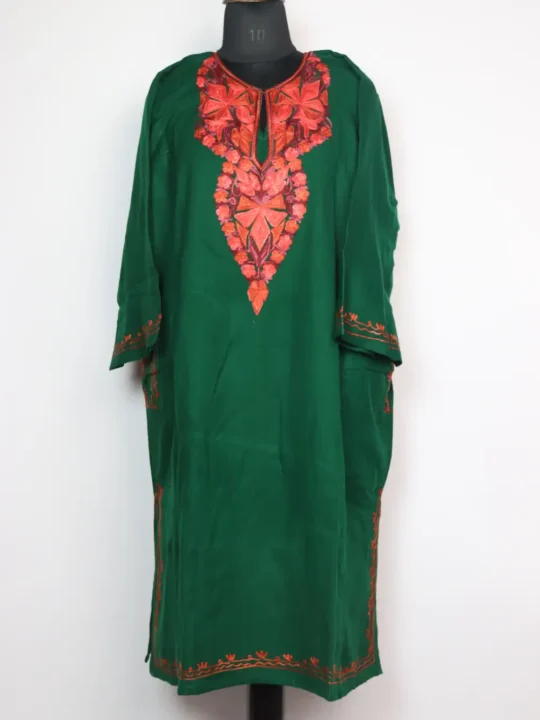 Dark Green Woolen Pheran with Aari Embroidery in Cashmilon Farah