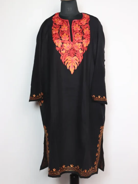 Jamila Black Loose Pheran with Aari Work in Cashmilon Wool