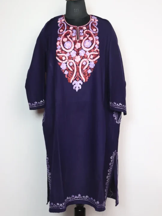 Habiba Pheran Dark Blue with Aari Work in Cashmilon Wool
