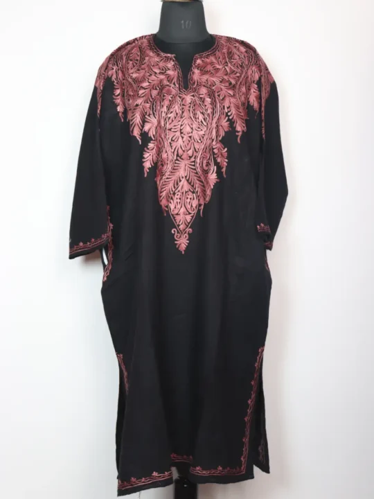 Black Pheran with Front Back Aari Embroidery in Cashmilon Wool Awantipora