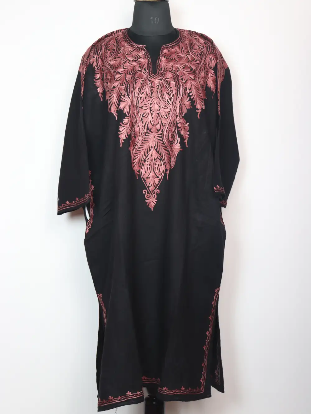 Black Pheran with Front Back Aari Embroidery in Cashmilon Wool Awantipora
