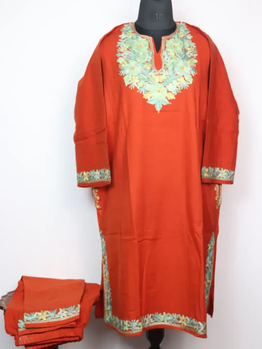 Rustic Orange 2pc Loose Pheran Set in Cashmilon Wool Embroidered with Aari Noori