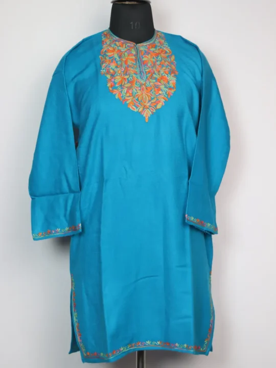 Cashmilon Wool Naeema Girls Blue Pheran with Aari Embroidery