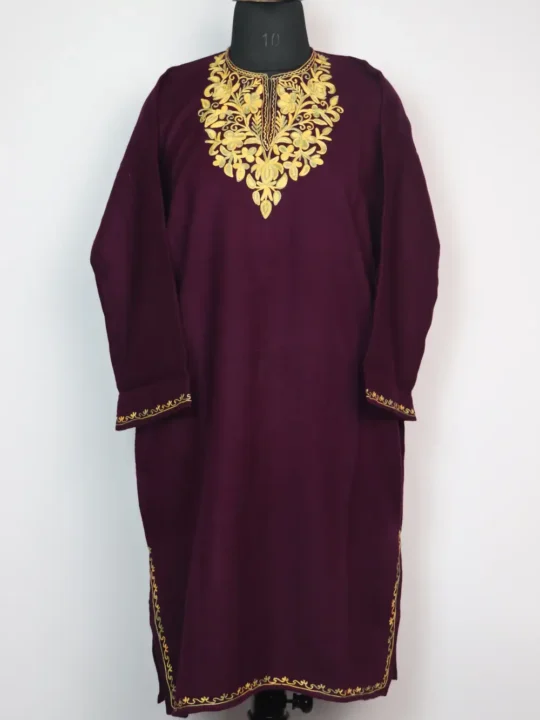 Laila Cashmilon Wool Purple Girls Pheran with Aari Embroidery