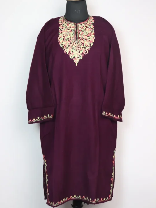 Rihanah Purple Cashmilon Wool Girls Pheran with Aari Embroidery