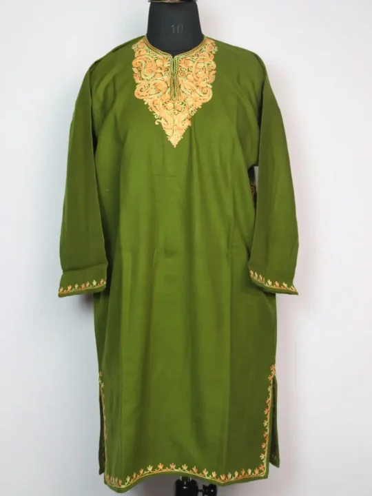 Mehndi Green Cashmilon Wool Girls Pheran with Aari Embroidery