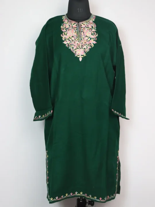 Cashmilon Wool Girls Dark Green Pheran with Aari Embroidery Mariam