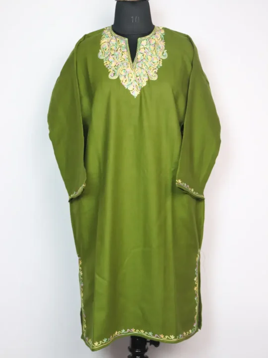 Olive Green Cashmilon Wool Girls Pheran with Aari Embroidery Ania